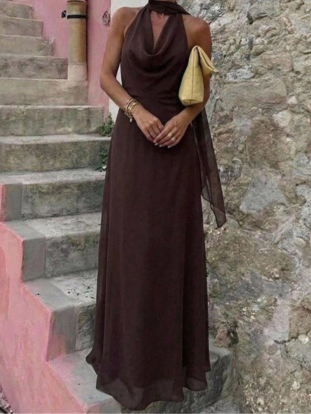 Brown Chic Women's Cowl Neck Backless A-Line Long Dress